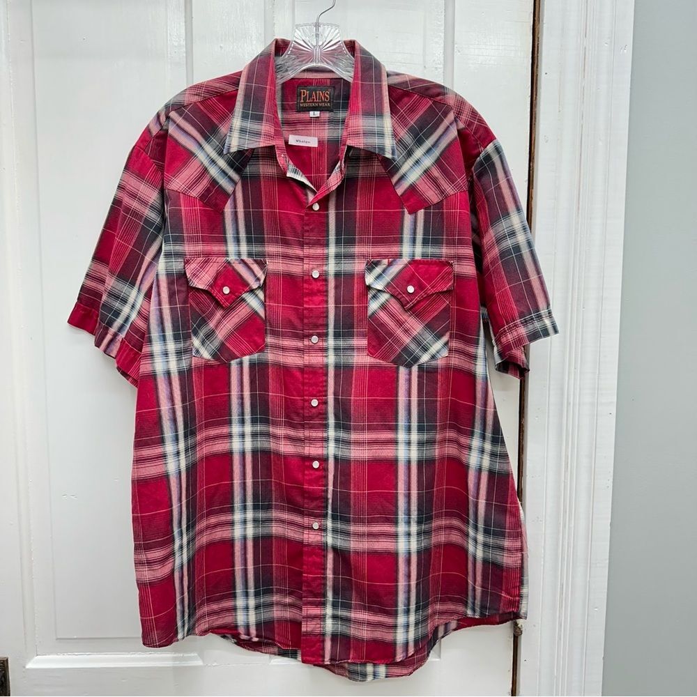 Vintage Plains western wear pearl snap‎ short sleeve shirt men's large